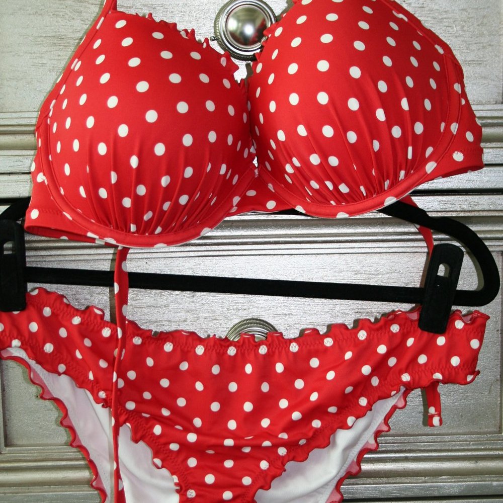 Shade & Shore Red & White Polka Dot Bikini 36DD / L